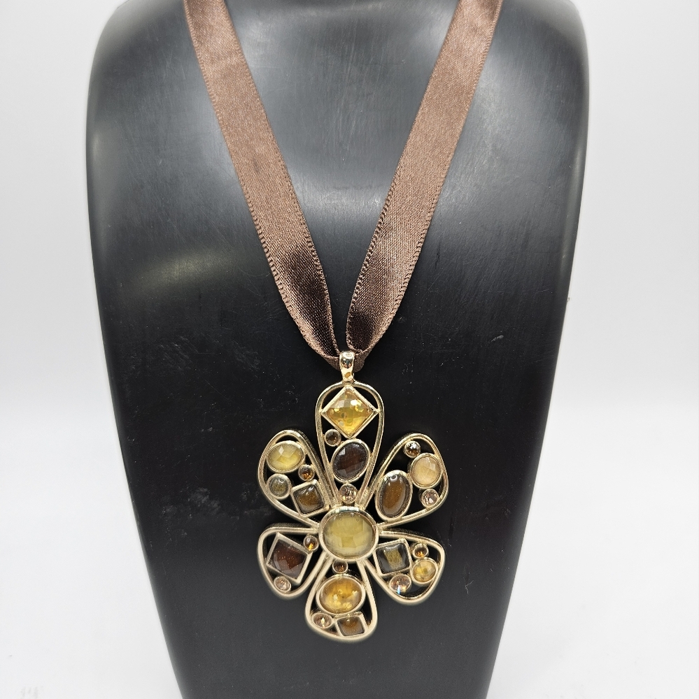 Brown Satin & Gold Pendant Choker Necklace